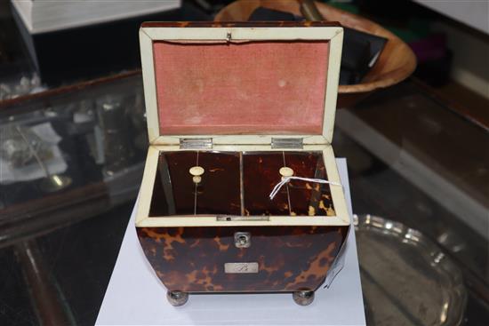 An early 19th century white metal mounted tortoiseshell sarcophagus tea caddy H.15cm, W.15cm